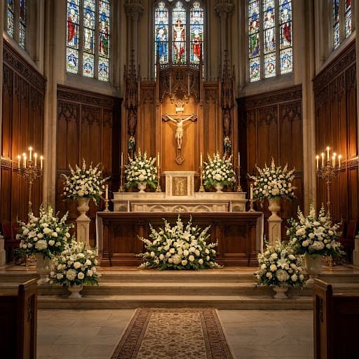 Fresh flowers arranged near the altar of a church, framed by stained glass windows